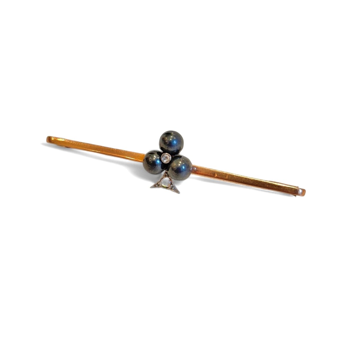 Broche barrette trèfle en or rose et hématite - Castafiore