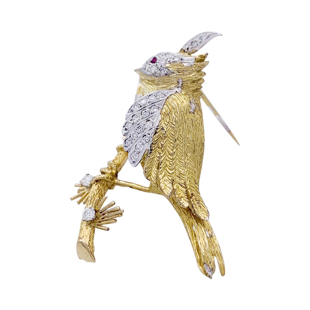 Broche Boucheron, "Oiseau sur sa branche", or jaune, platine - Castafiore