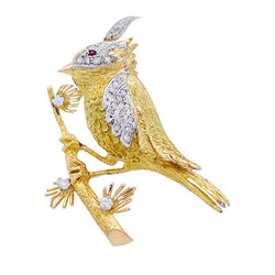 Broche Boucheron, "Oiseau sur sa branche", or jaune, platine - Castafiore