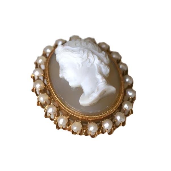 Broche camée agate et perles fines - Castafiore