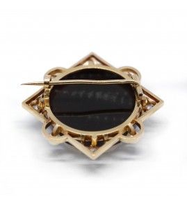 Broche Camée - Or jaune, diamants et perles - Castafiore