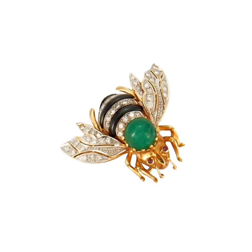 Broche Clip Abeille en or jaune, rubis, émeraudes et diamants - Castafiore