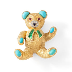Broche Clip BOUCHERON Ours en or jaune, saphir, rubis, émeraudes, turquoises et diamants - Castafiore