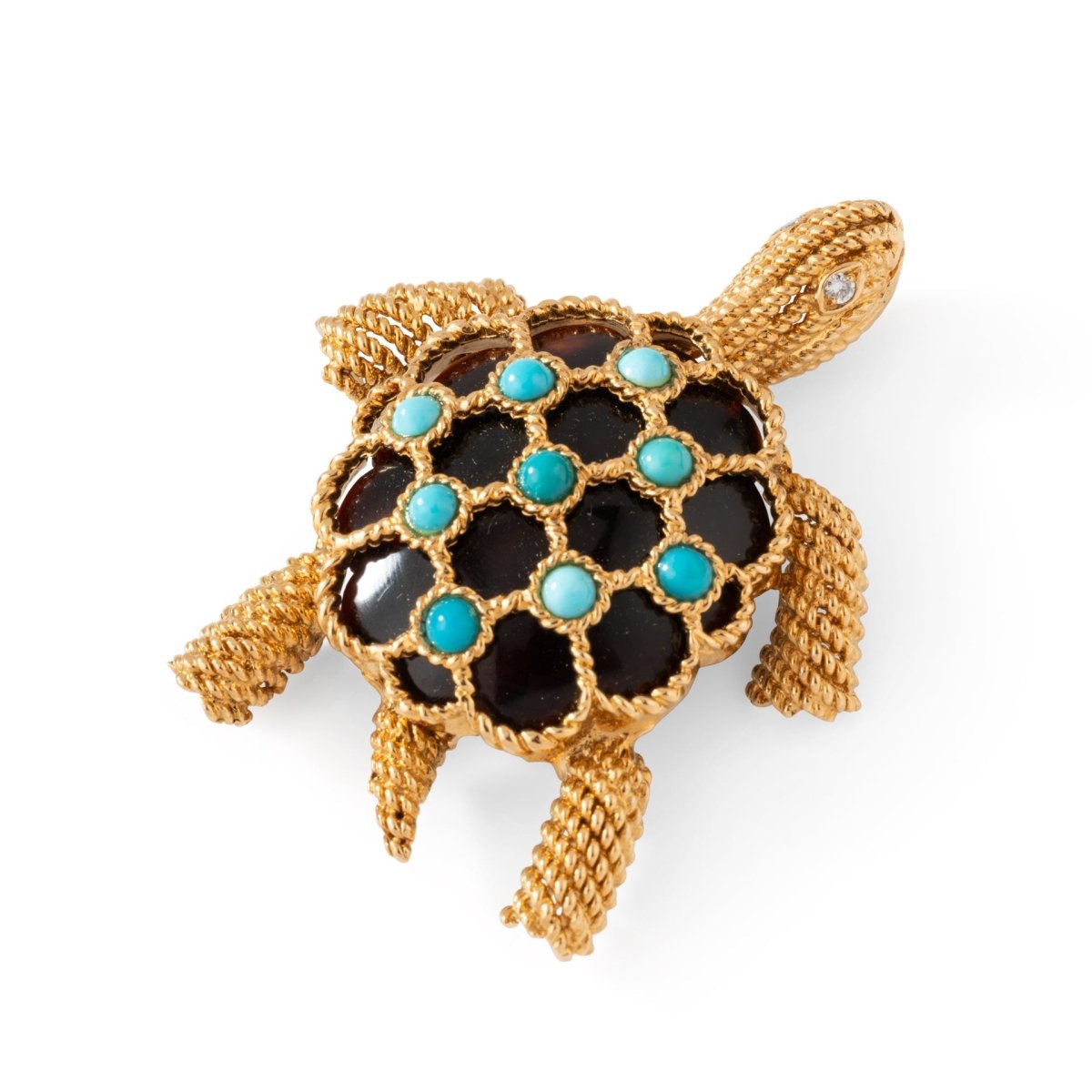 Broche Clip BOUCHERON Tortue en or jaune, turquoises et diamants - Castafiore