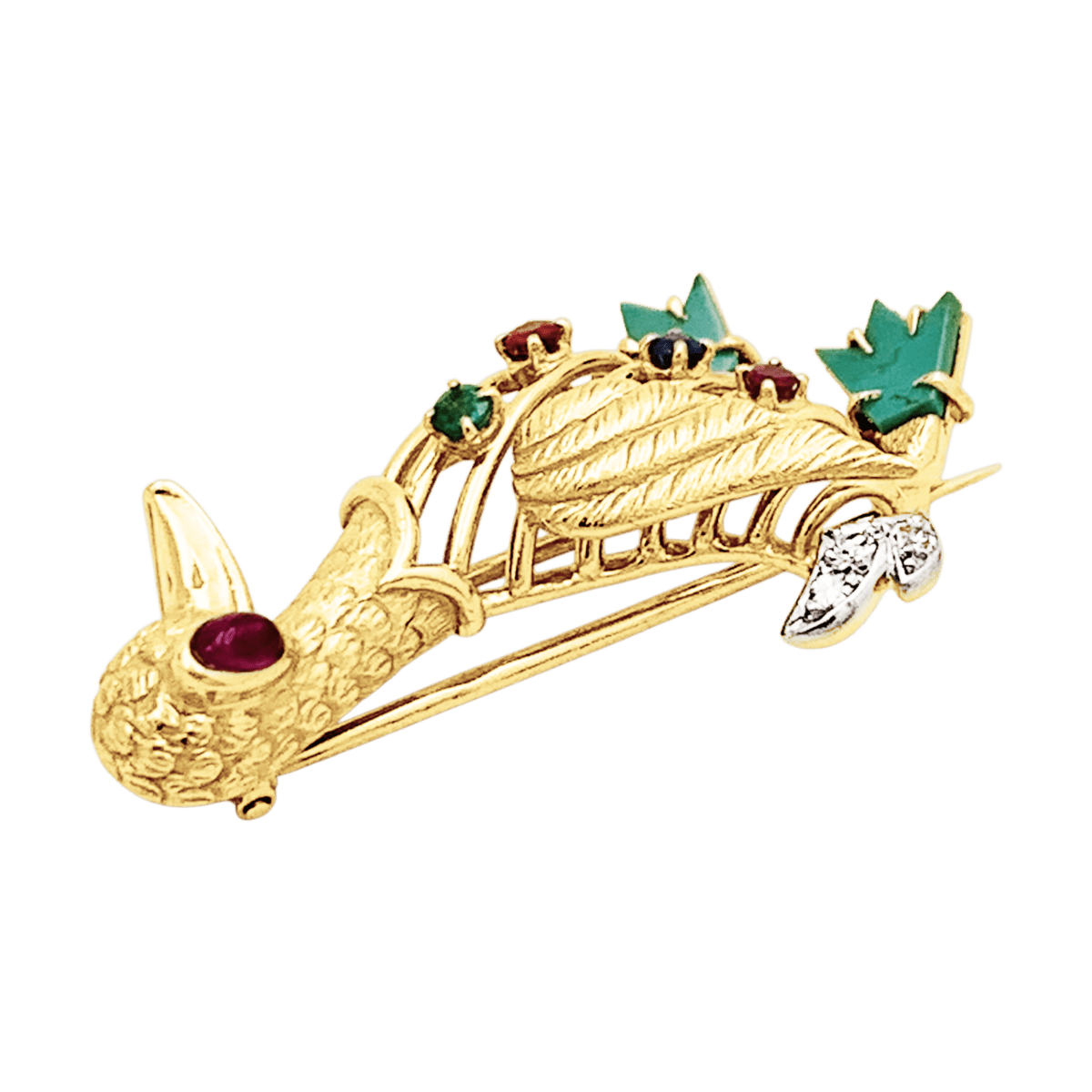 Broche Clip en or blanc, or jaune, rubis, émeraude, , turquoises, saphir et diamants - Castafiore