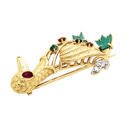 Broche Clip en or blanc, or jaune, rubis, émeraude, , turquoises, saphir et diamants - Castafiore