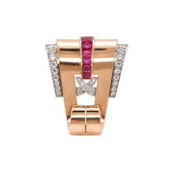 Broche Clip en or blanc, or rose, rubis et diamants - Castafiore