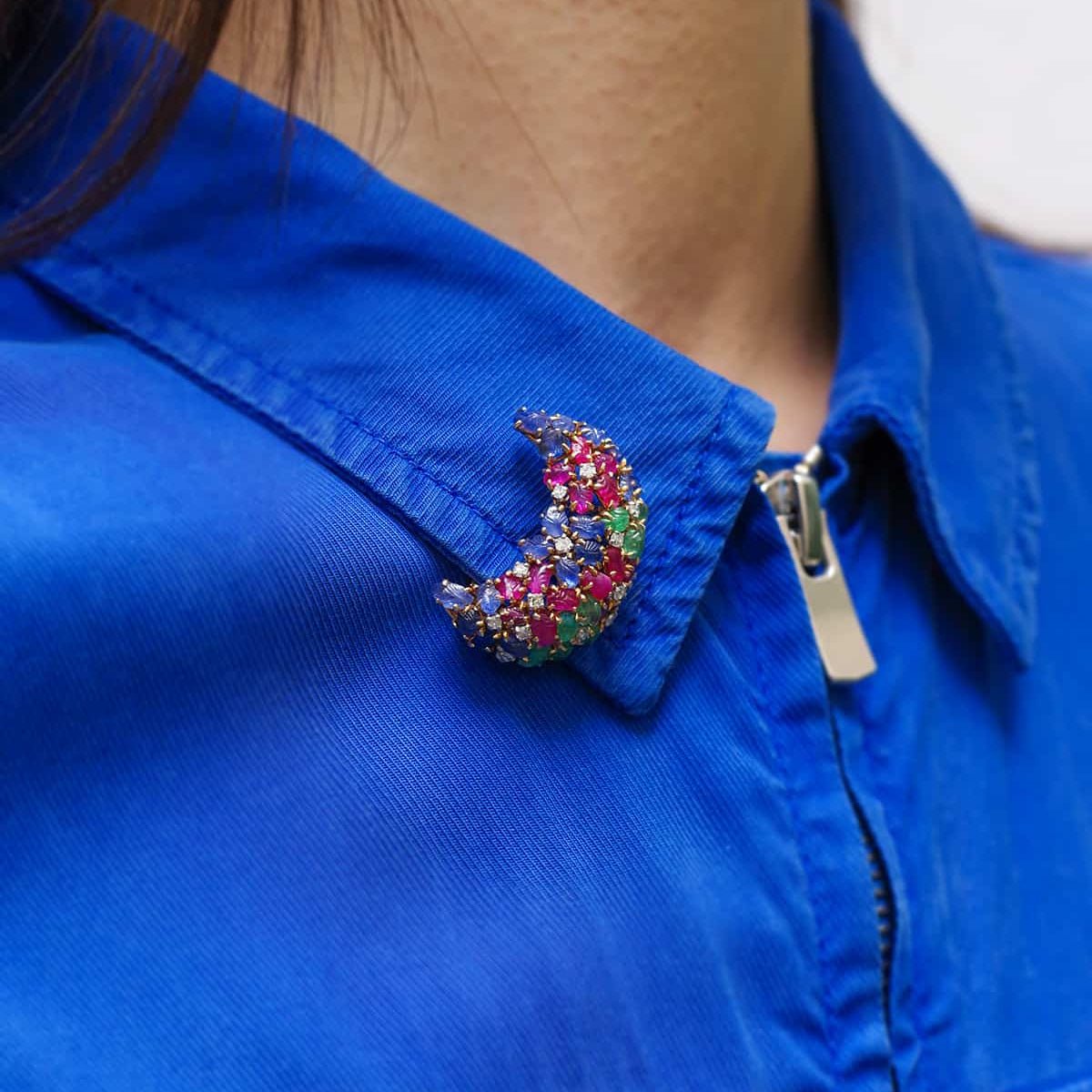 Broche Clip en or jaune, platine, saphirs, rubis, émeraudes et diamants - Castafiore