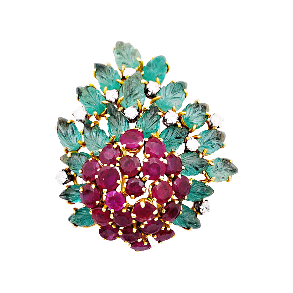 Floral clip, yellow gold, diamonds, emeralds, rubies.