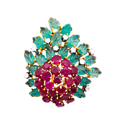 Floral clip, yellow gold, diamonds, emeralds, rubies.