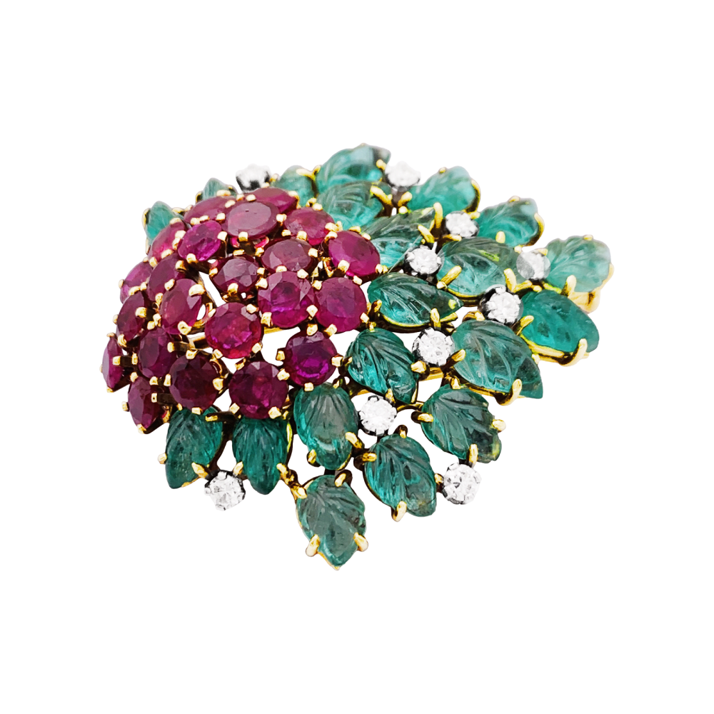 Floral clip, yellow gold, diamonds, emeralds, rubies.