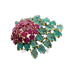 Floral clip, yellow gold, diamonds, emeralds, rubies.
