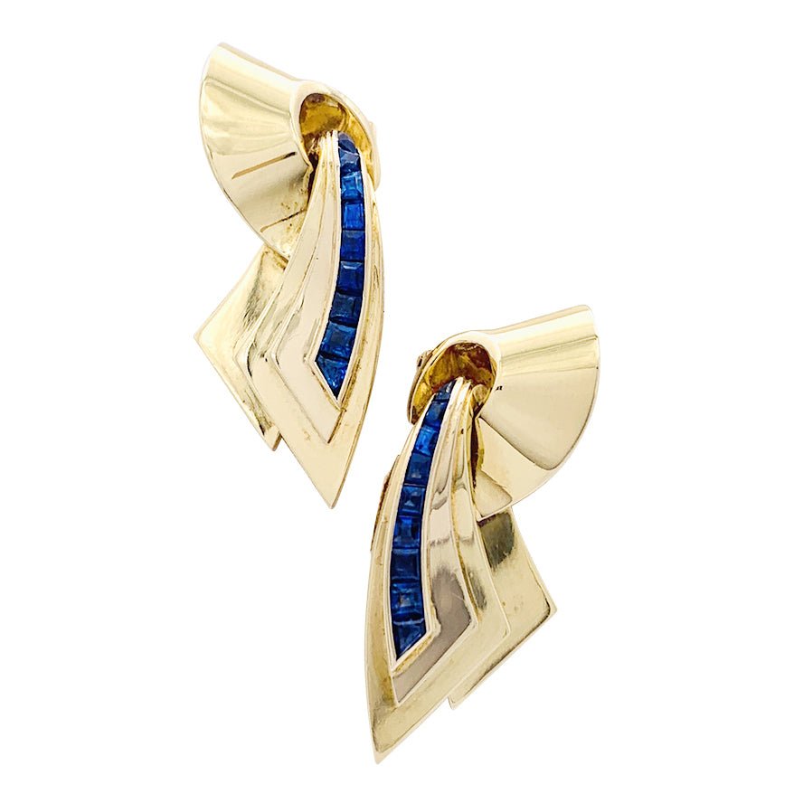 Broche Clip en or rose et pierres bleues. - Castafiore