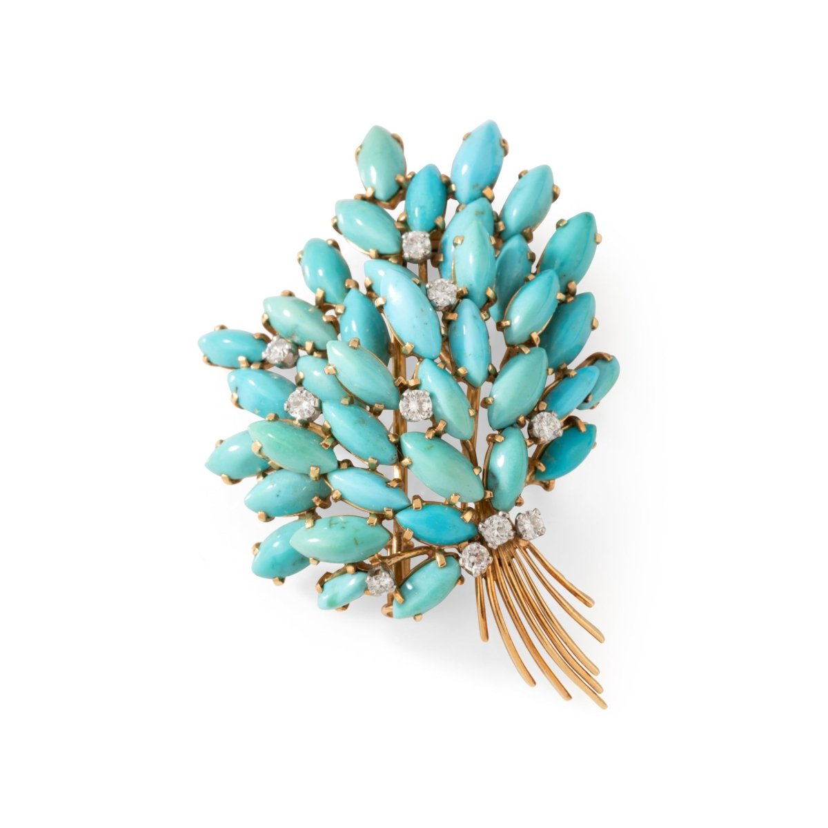 Foliage clip brooch in yellow gold, turquoise and diamonds – Castafiore