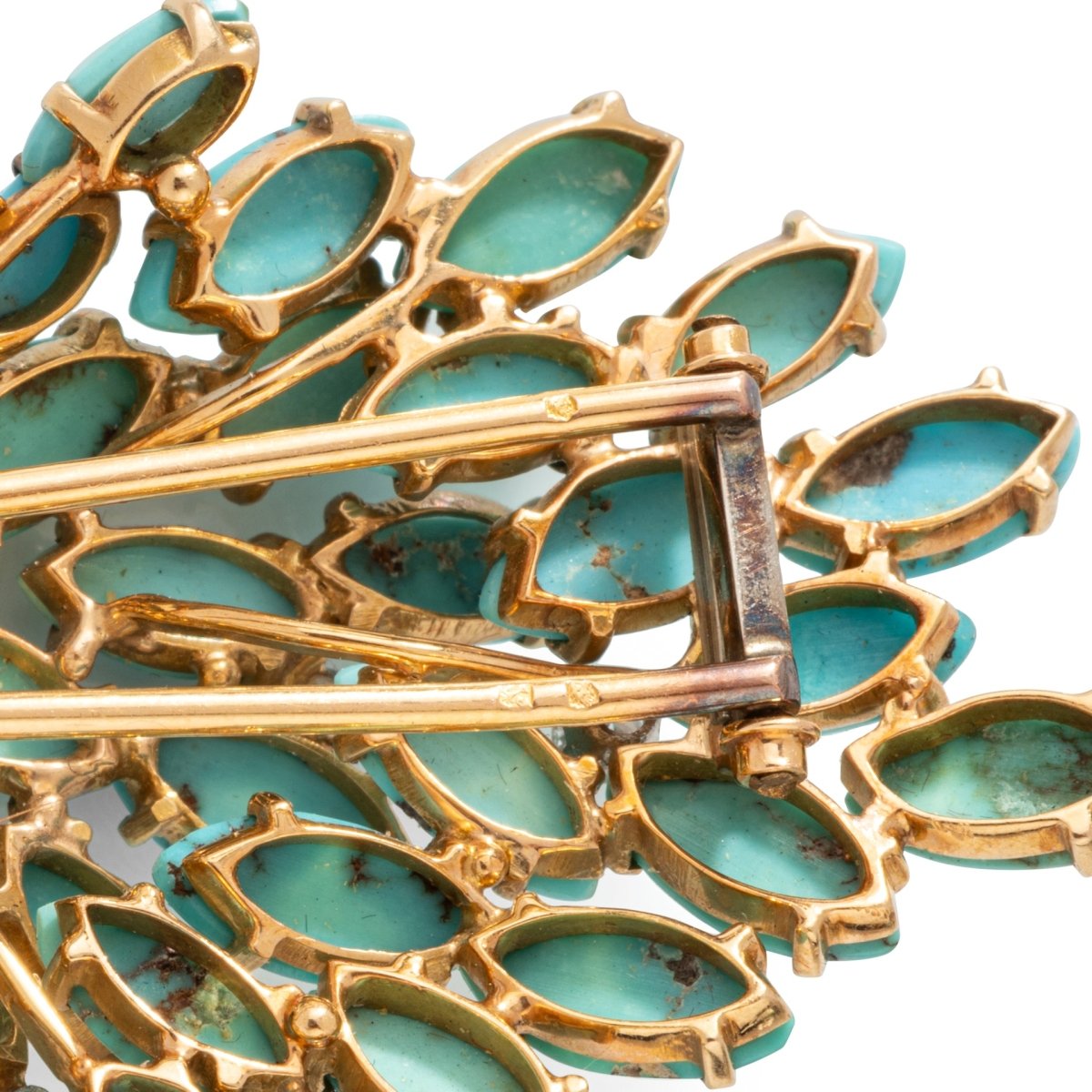 Broche Clip Feuillage en or jaune, turquoises et diamants - Castafiore