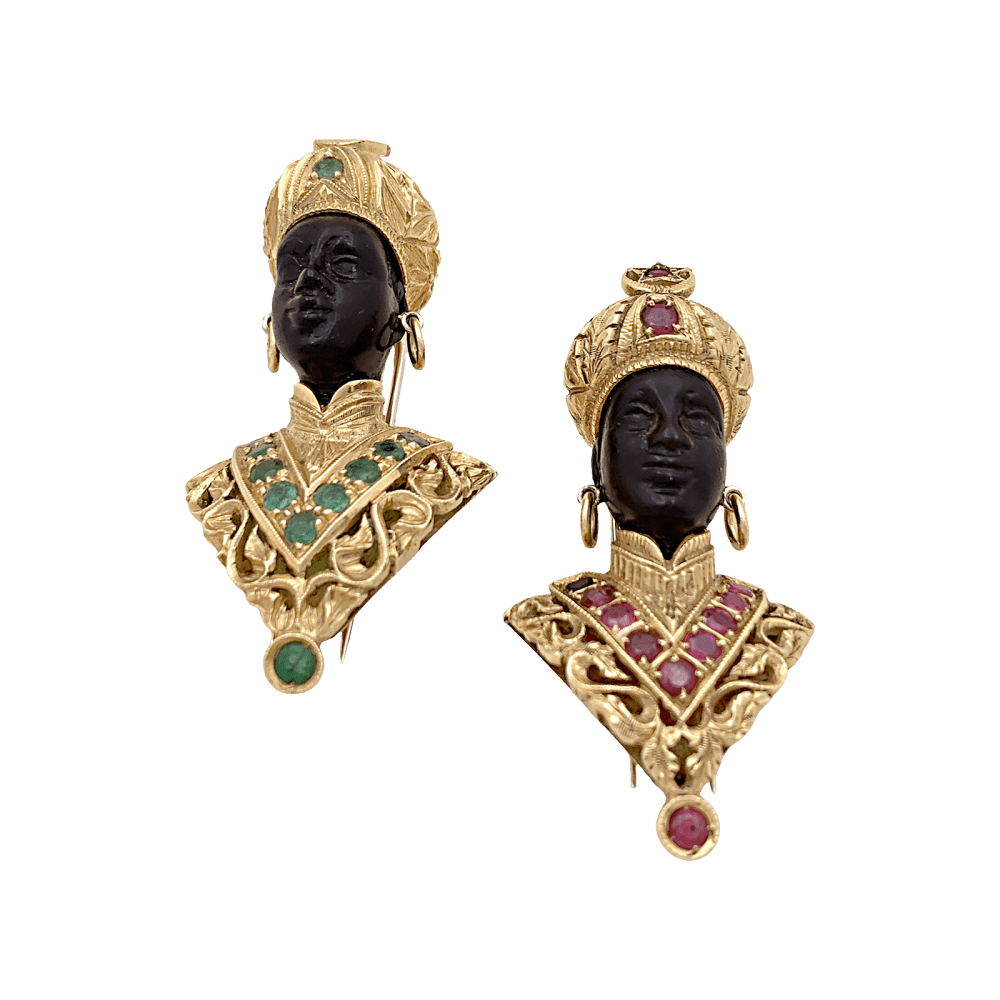 Broche Clip G.NARDI Moretto en or jaune, émeraudes et ébène - Castafiore