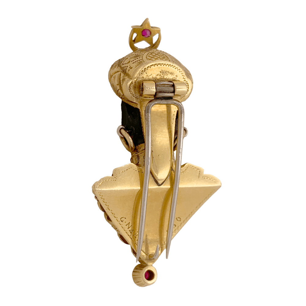 Broche Clip G.NARDI "Moretto" en or jaune, rubis et ébène - Castafiore