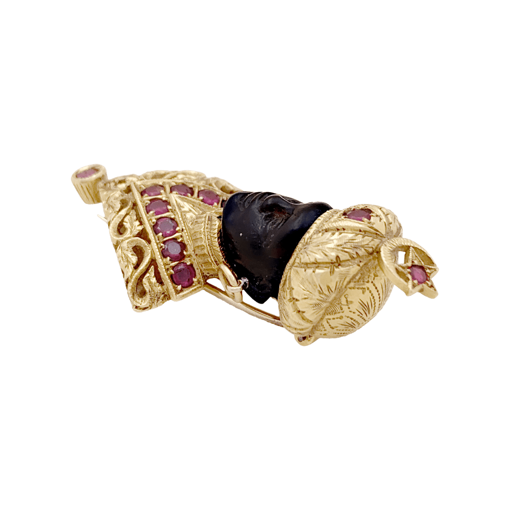 Broche Clip G.NARDI "Moretto" en or jaune, rubis et ébène - Castafiore