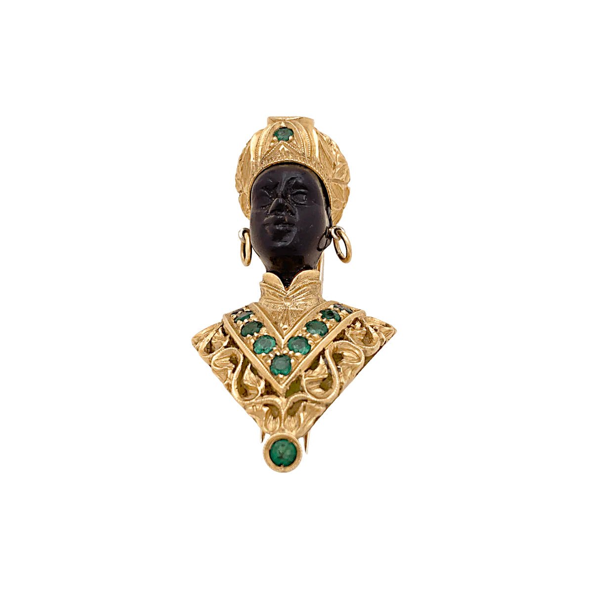 Broche Clip NARDI "Moretto" en or jaune, émeraudes et ébène - Castafiore