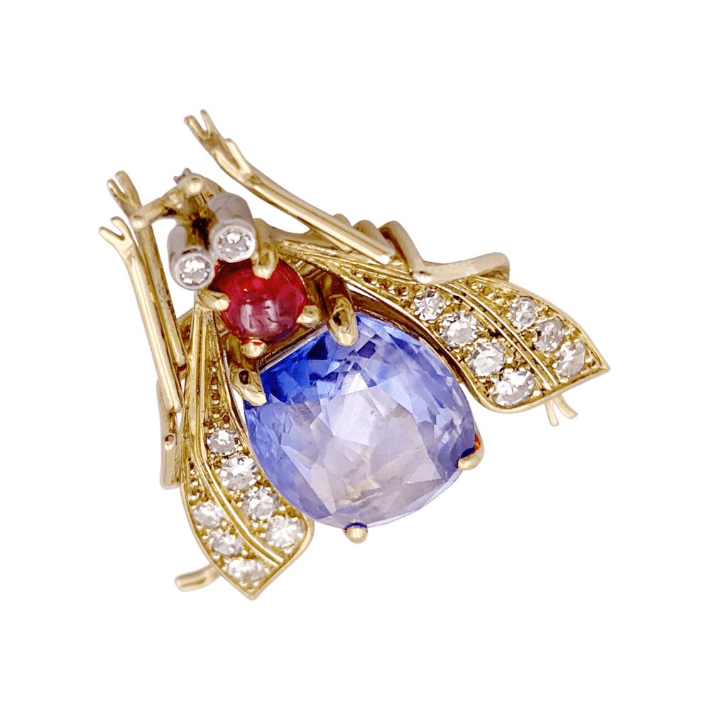 Broche Clip VAN CLEEF & ARPELS "Abeille" en or jaune, platine, saphir, rubis et diamants - Castafiore