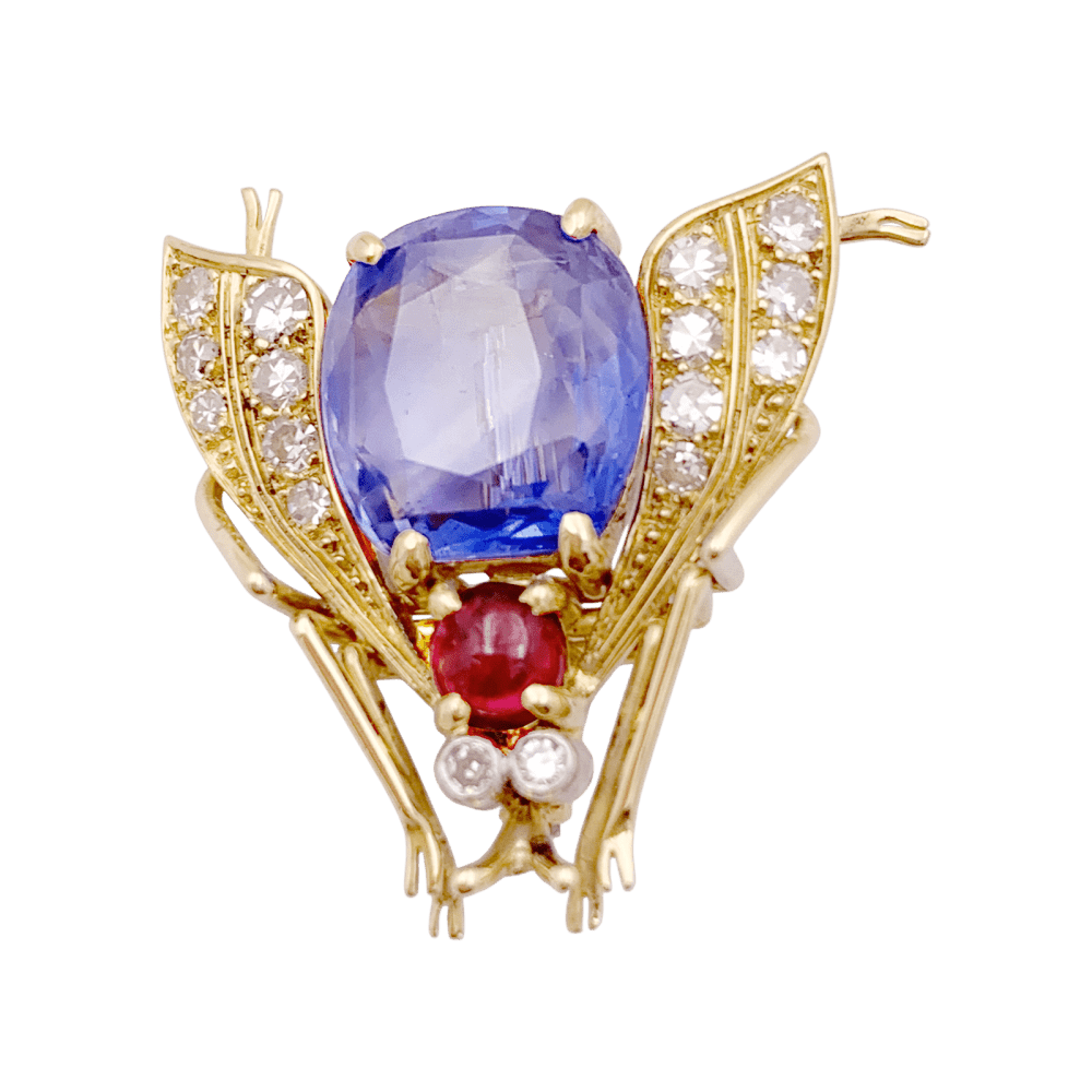 Broche Clip VAN CLEEF & ARPELS "Abeille" en or jaune, platine, saphir, rubis et diamants - Castafiore