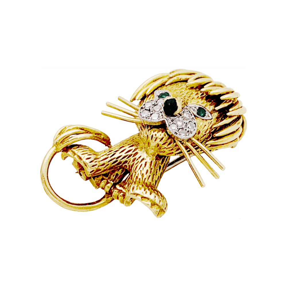 Broche Clip VAN CLEEF & ARPELS "Lion Ébouriffé" en or jaune, or blanc, émail, émeraudes et diamants - Castafiore