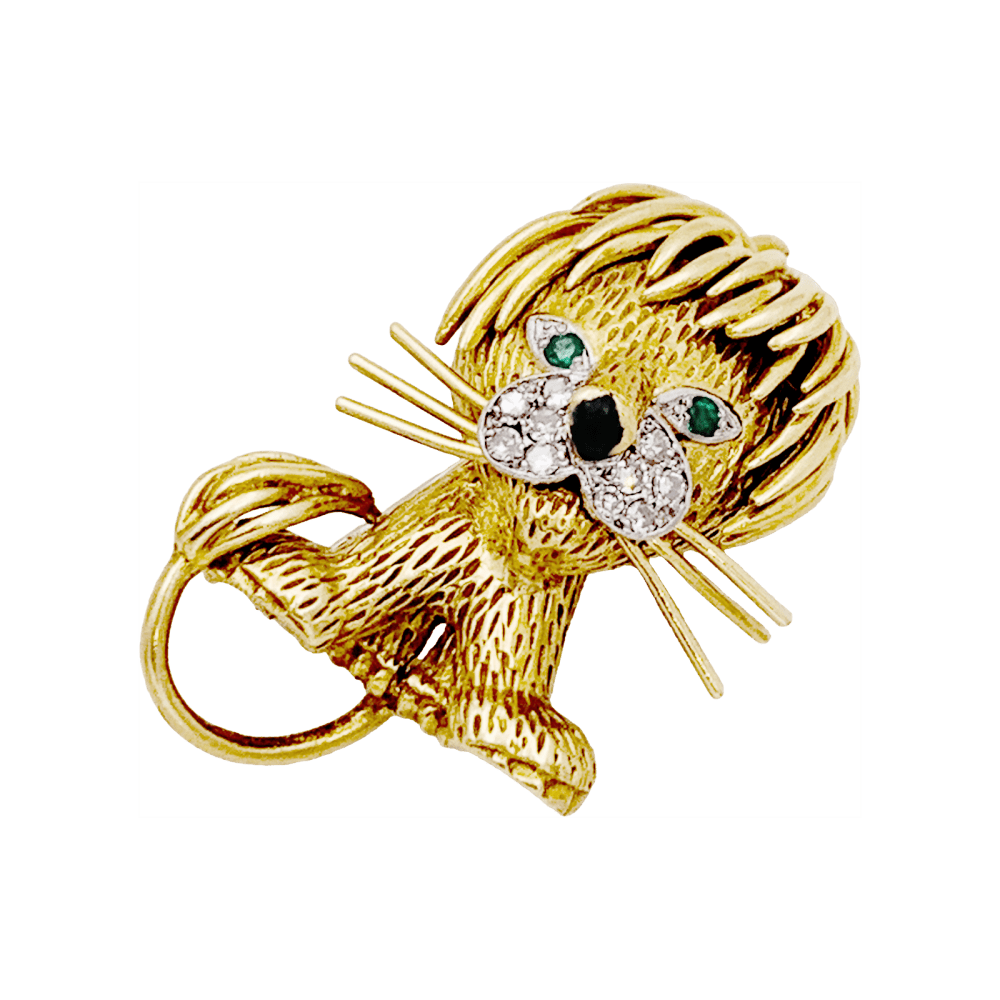 Broche Clip VAN CLEEF & ARPELS "Lion Ébouriffé" en or jaune, or blanc, émail, émeraudes et diamants - Castafiore