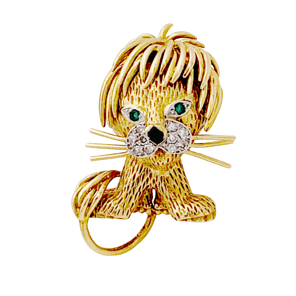 Broche Clip VAN CLEEF & ARPELS "Lion Ébouriffé" en or jaune, or blanc, émail, émeraudes et diamants - Castafiore