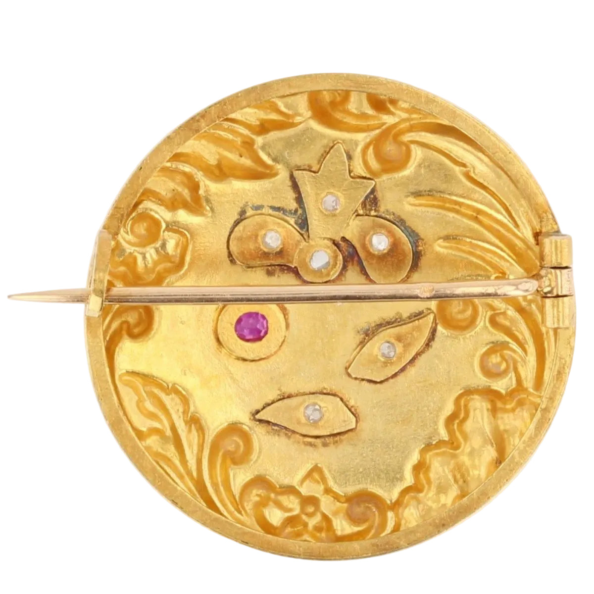 Broche décor floral en or jaune rubis diamants - Castafiore