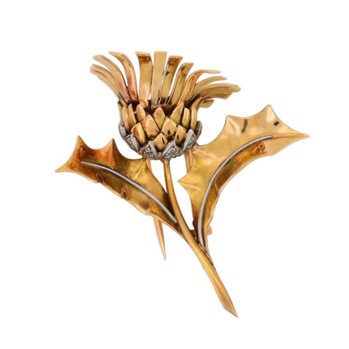 Broche Double Épingle BOUCHERON "Fleur de chardon" en or jaune, or blanc et diamants - Castafiore
