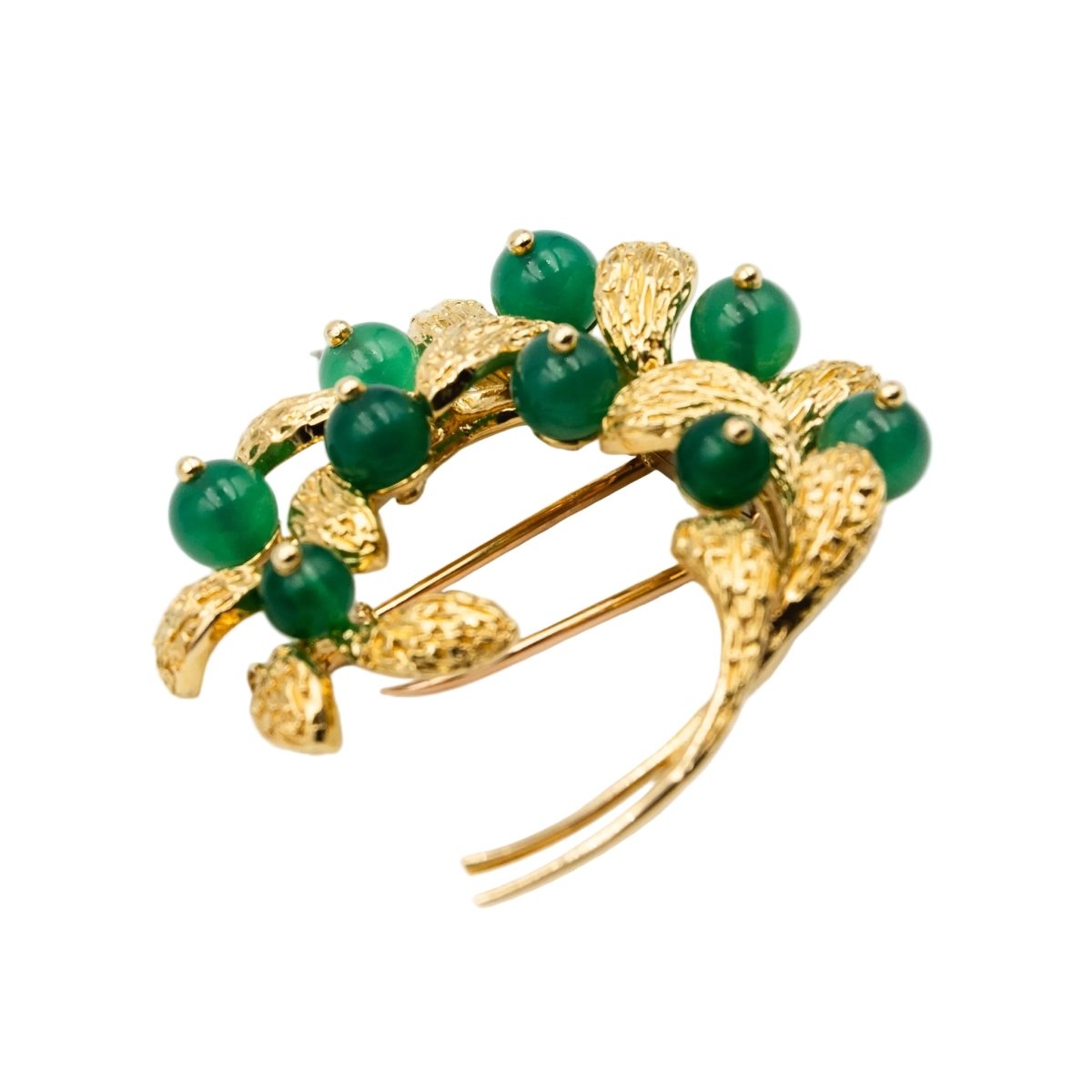 Broche Double Épingle VAN CLEEF & APRELS "Gui" en or jaune et chrysoprases - Castafiore