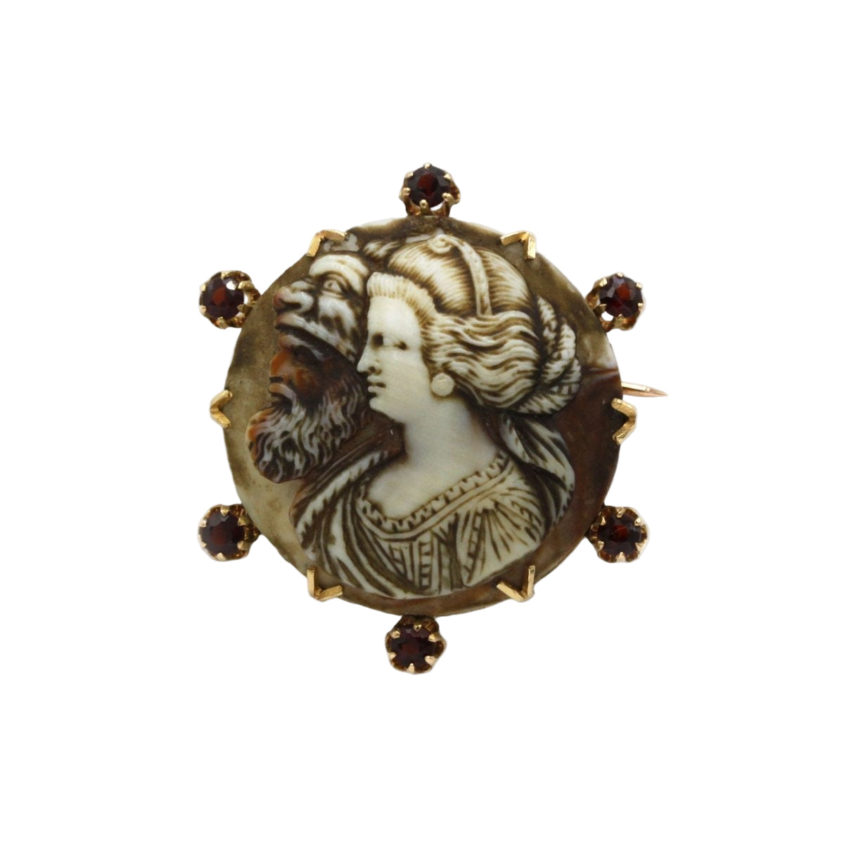 Broche Double portrait en or jaune grenats camée os - Castafiore
