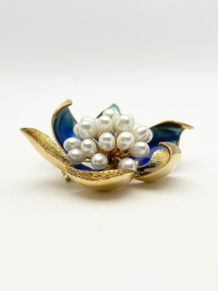 Broche en or avec perles de culture et émail - Castafiore