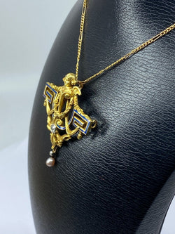 Broche en or jaune 18 carats, ange, émail, diamants et perle. - Castafiore