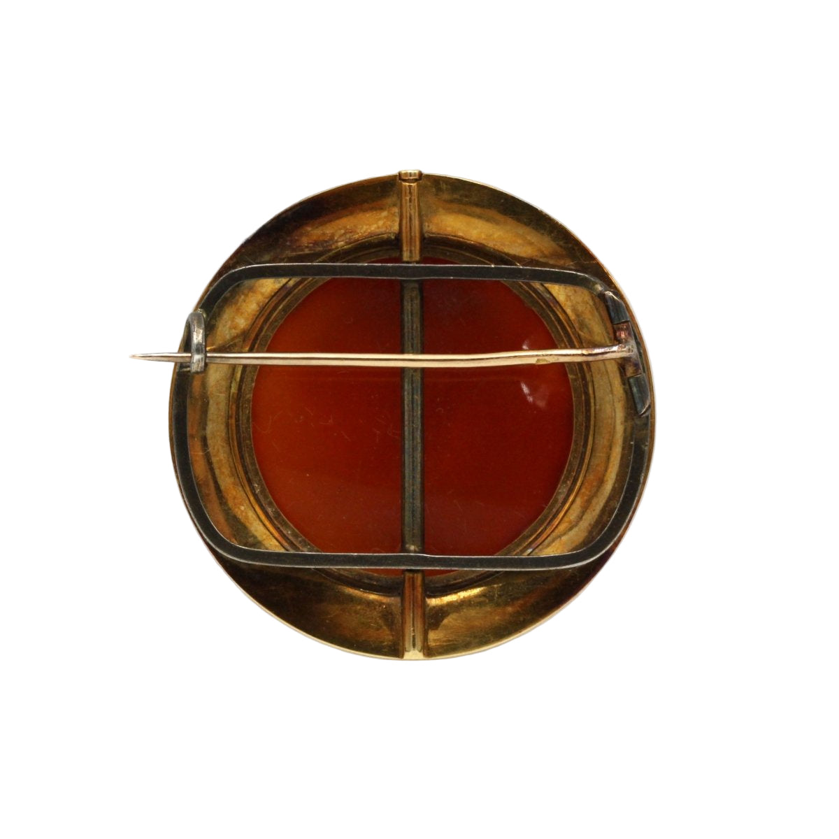 Broche en or jaune camée agate demi - perles et émail - Castafiore