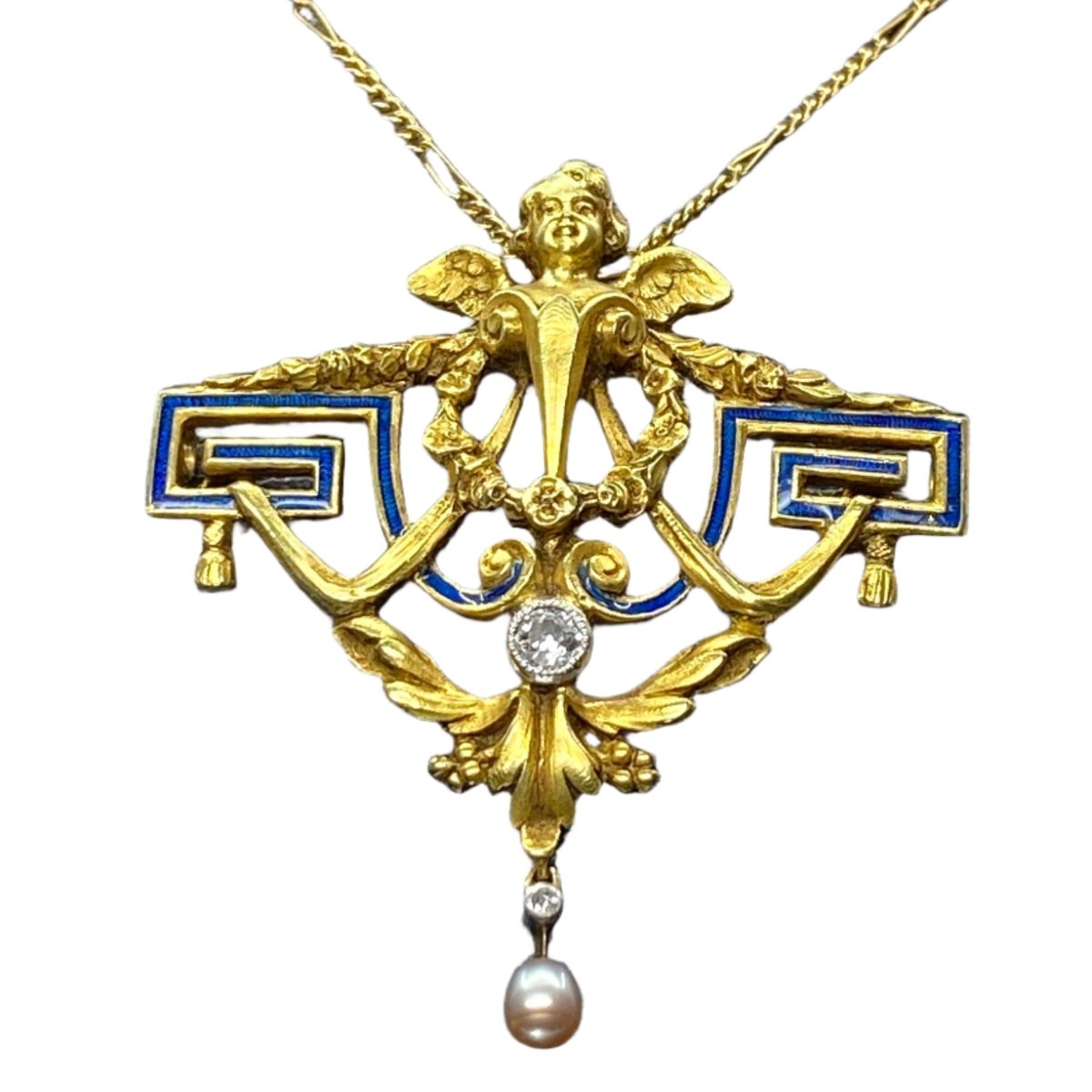 Broche en or jaune, perle et diamant - Castafiore