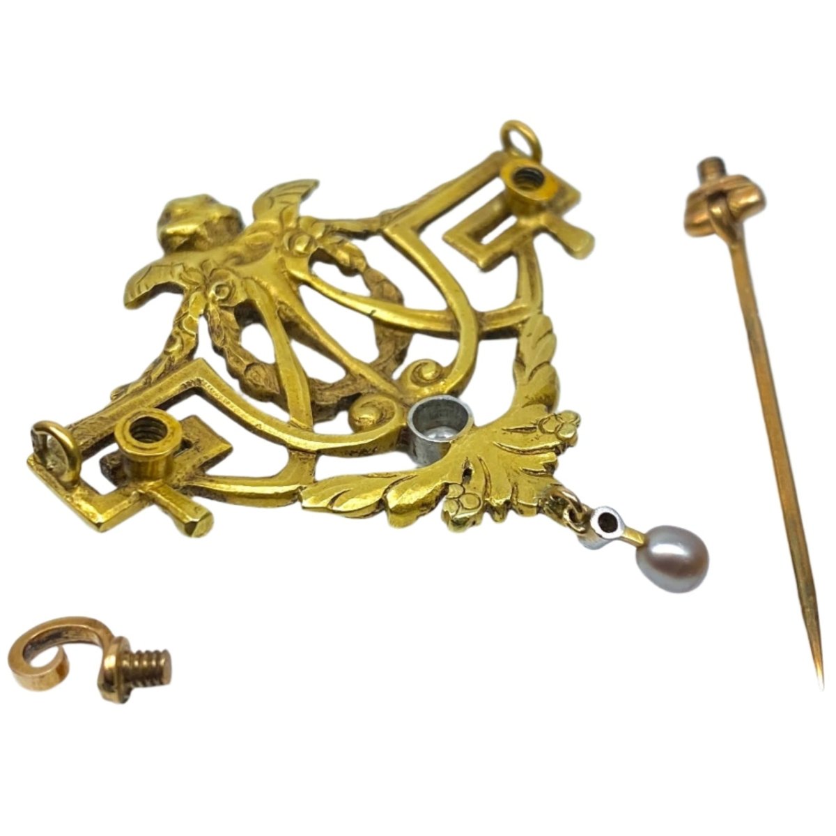 Broche en or jaune, perle et diamant - Castafiore