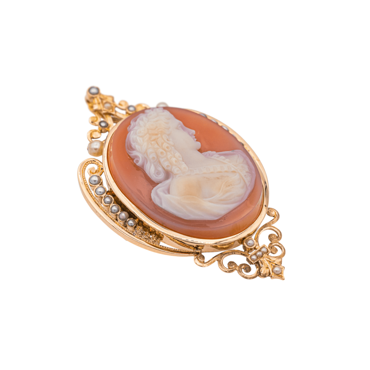 Broche en or rose, camée, agate et perles - Castafiore