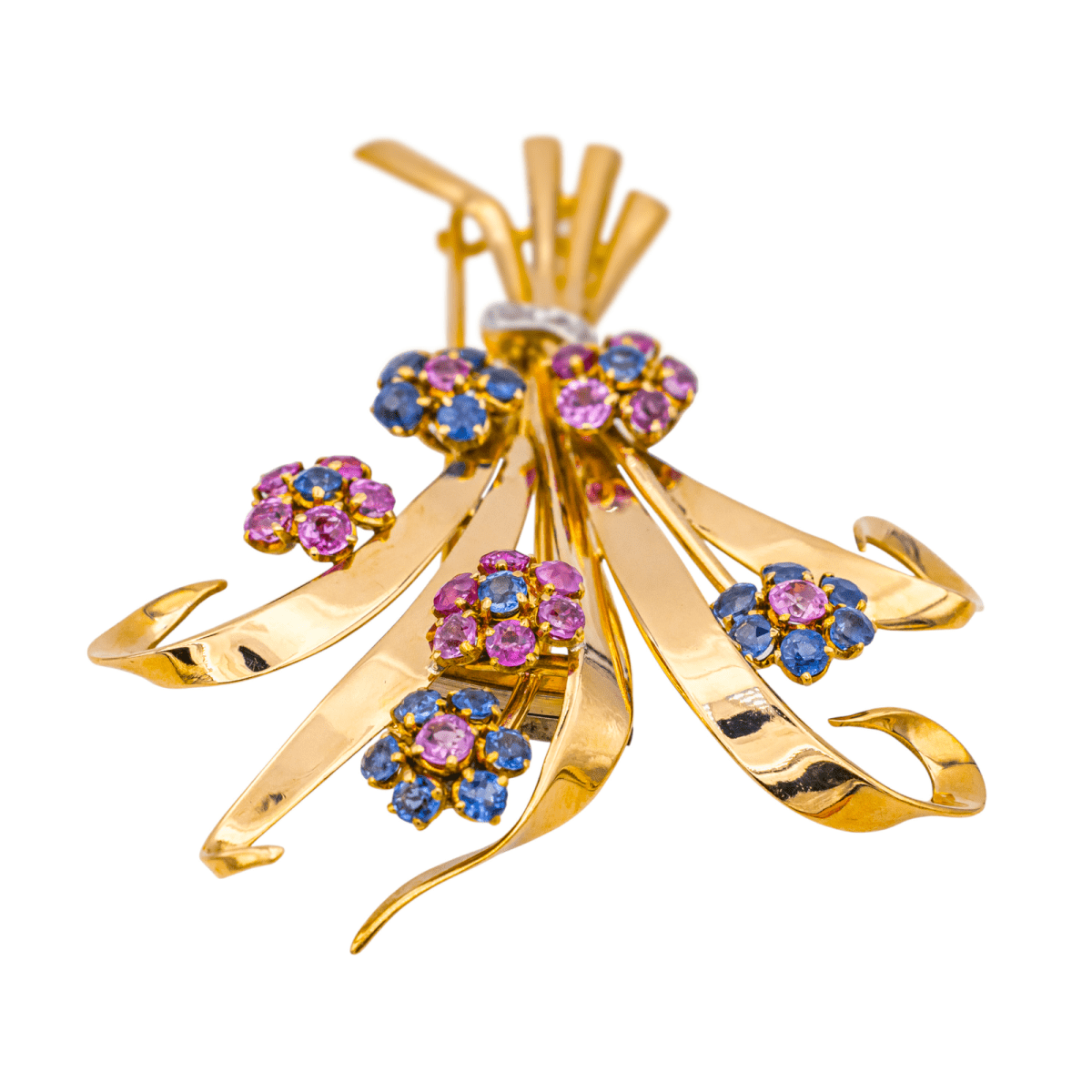 Broche en or rose, or blanc, rubis, saphirs et diamants - Castafiore