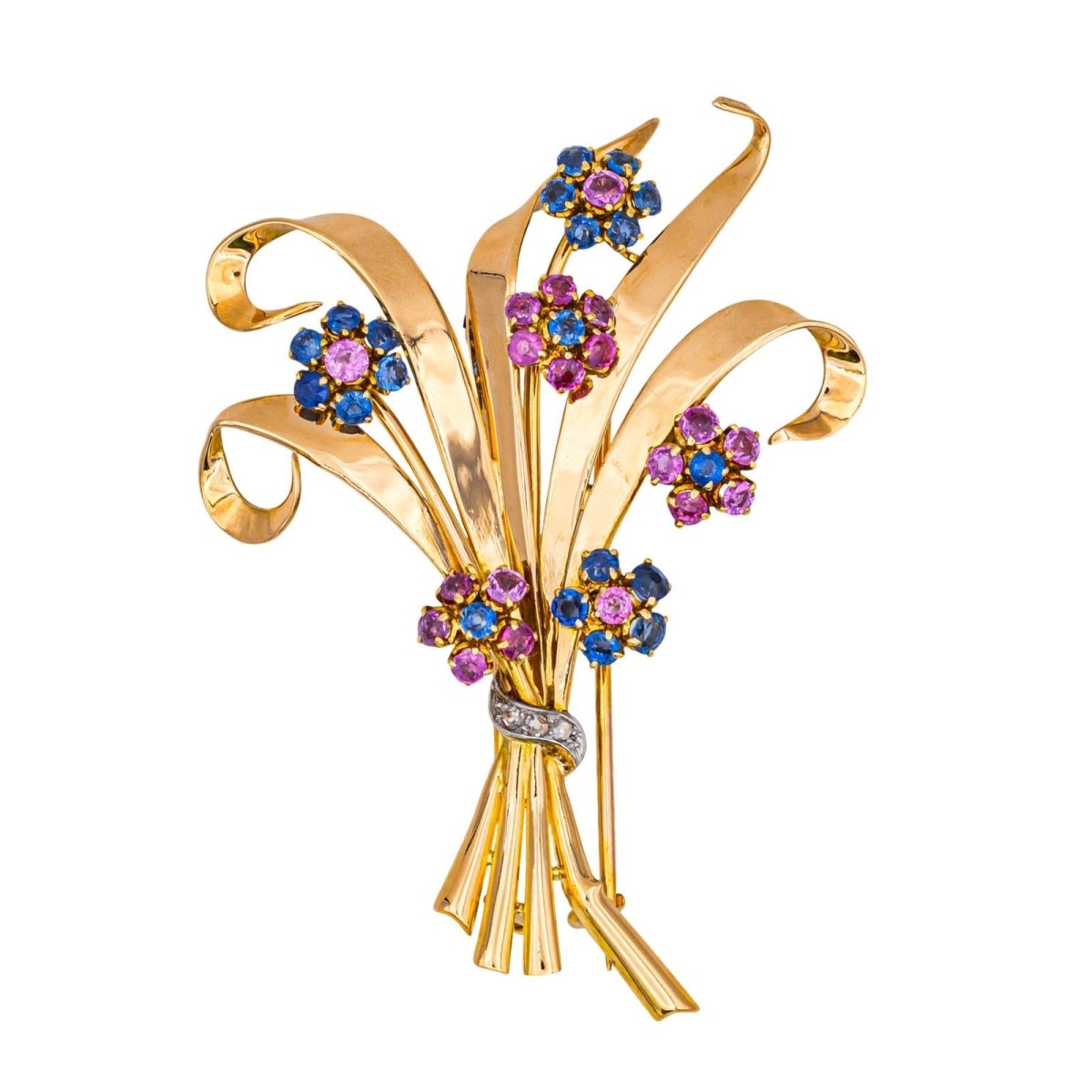 Broche en or rose, or blanc, rubis, saphirs et diamants - Castafiore