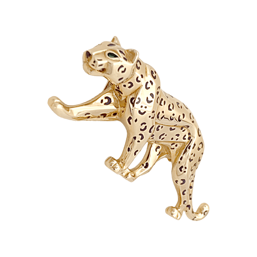 Broche Épingle CARTIER en or jaune, émail et émeraudes - Castafiore