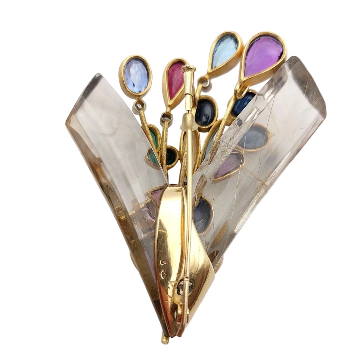 Broche Épingle en or blanc, or jaune, cristal de roche, émeraudes, saphirs, aigues-marines, citrines, améthystes et tourmalines - Castafiore