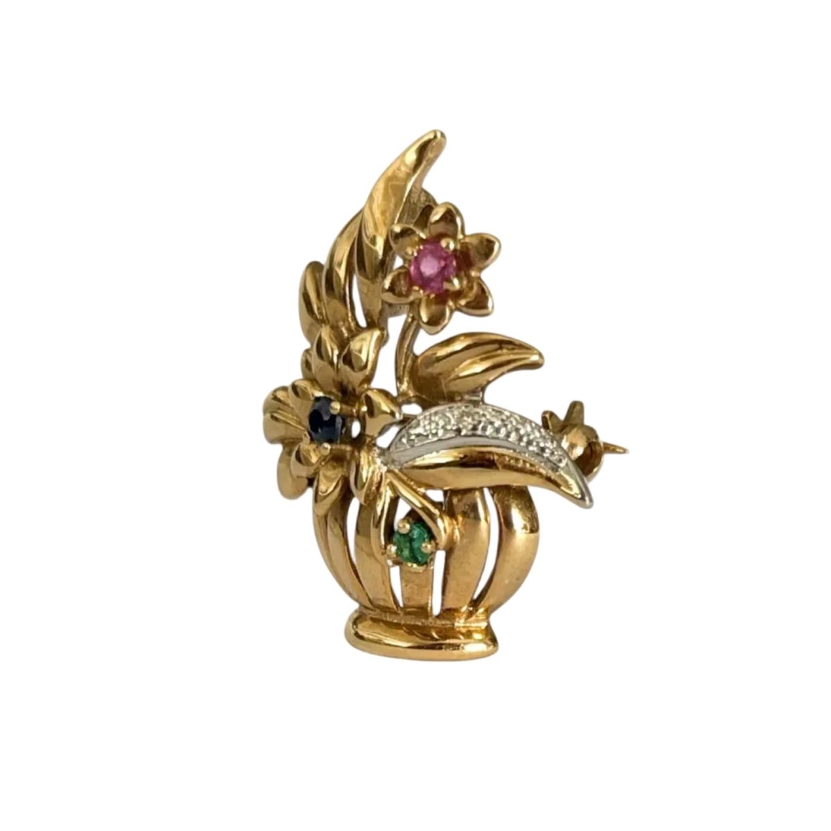 Broche Épingle en or blanc, or jaune, émeraude, saphir, rubis et diamants - Castafiore