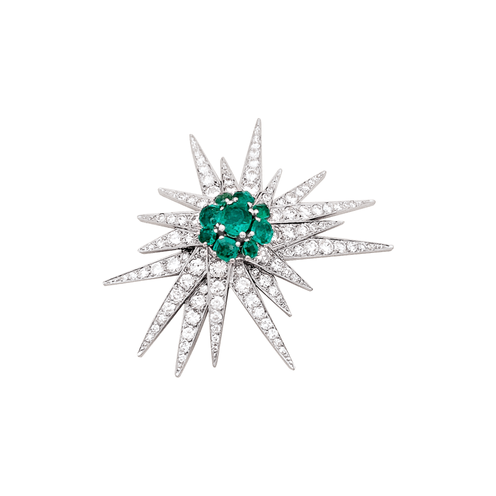 Broche Épingle en or blanc, platine, émeraude et diamants - Castafiore