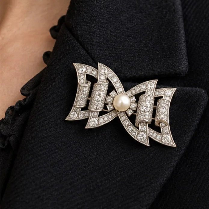 Broche Épingle en or blanc, platine, perle et diamants - Castafiore