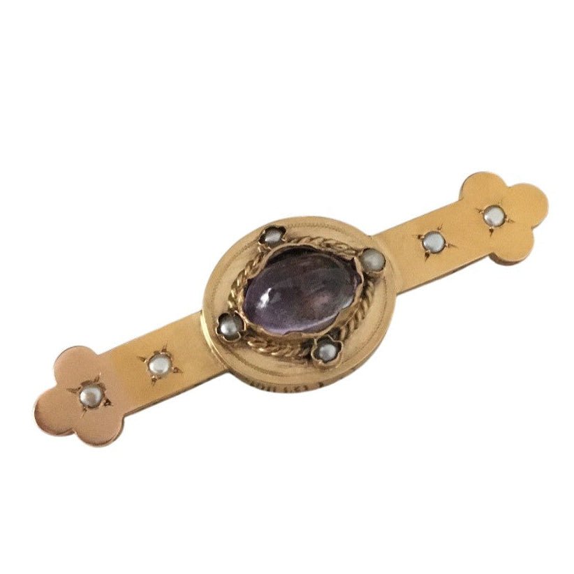 Broche Épingle en or jaune, améthyste et perles