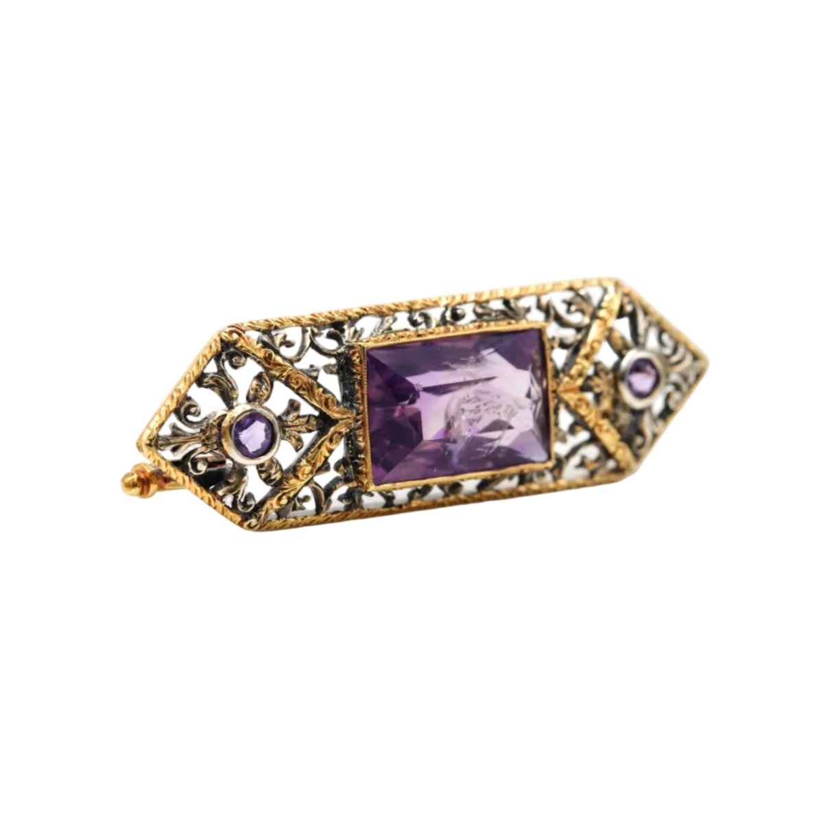 Broche Épingle en or jaune, argent et améthystes - Castafiore