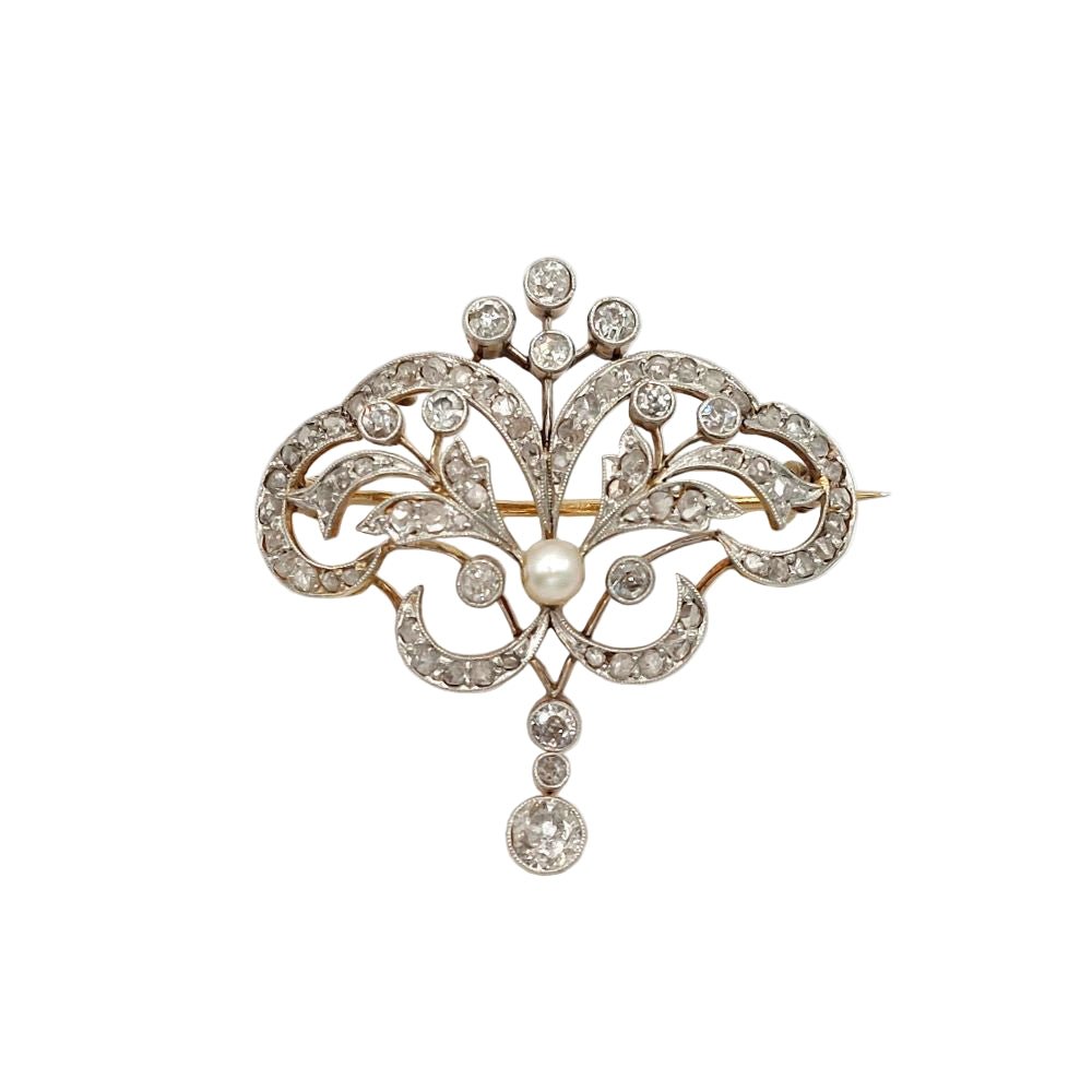 Broche Épingle en or jaune, argent, perle et diamants - Castafiore