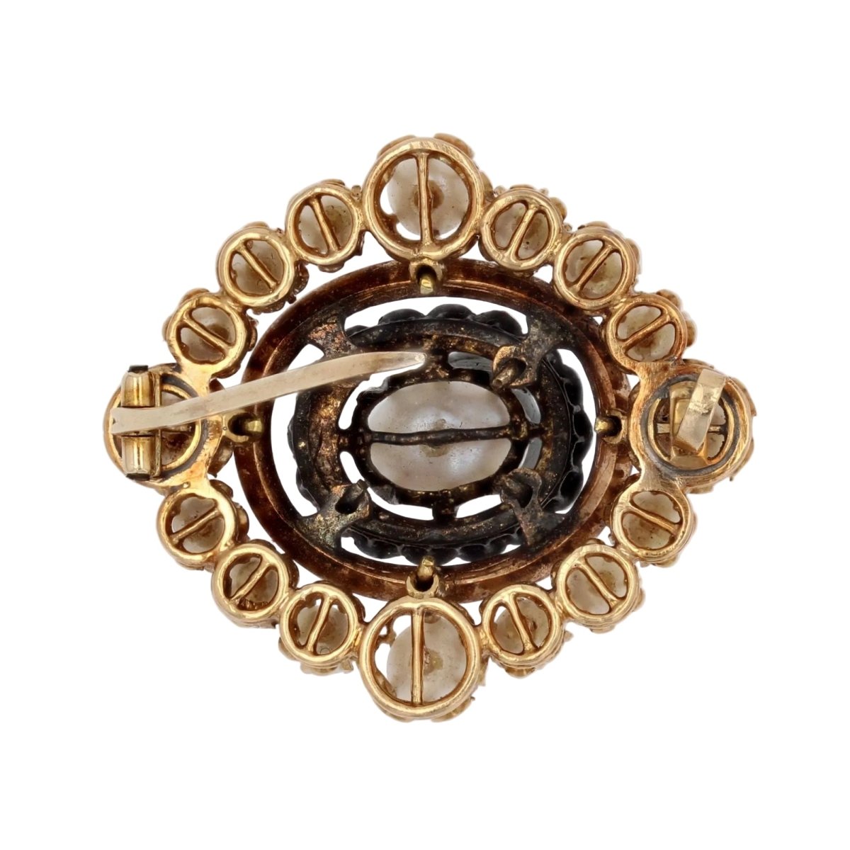 Broche Épingle en or jaune, argent, perles et diamants - Castafiore