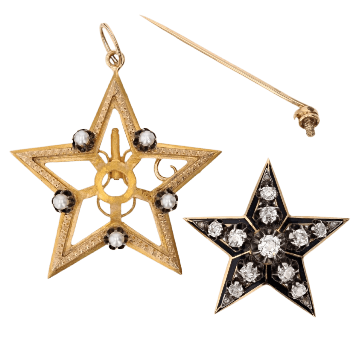 Broche Épingle en or jaune, argent, perles et diamants - Castafiore